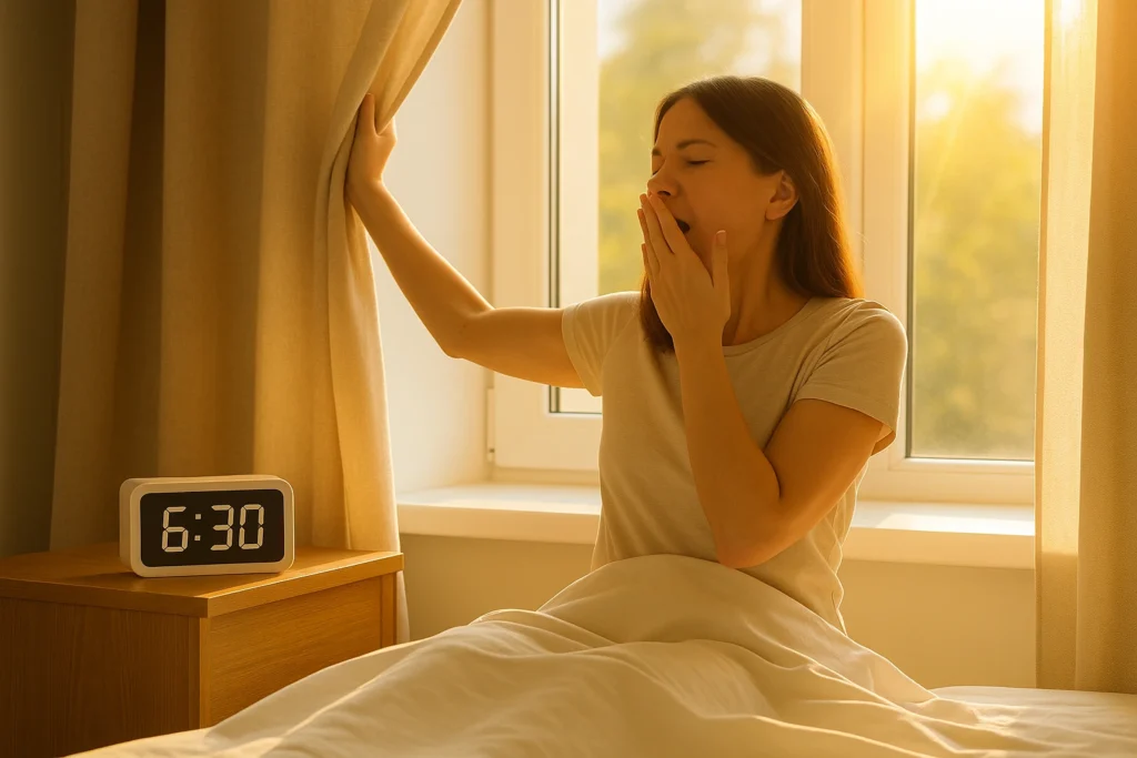 Melhor horário para dormir — mulher acorda às 6h30, boceja e abre a cortina para luz natural matinal, ilustrando rotina de sono regulada.