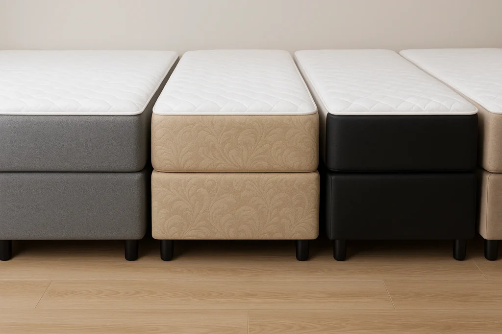 Comparativo de tecido para cama box em diferentes cores e texturas.