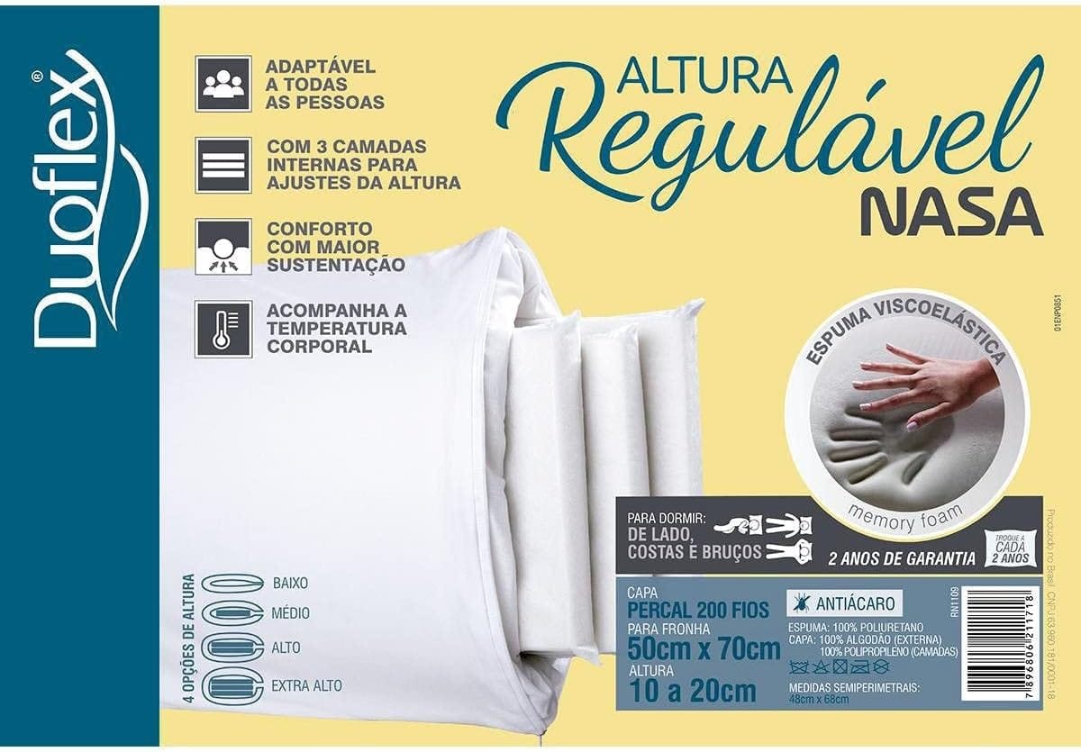Travesseiro Duoflex Nasa Regulável – altura ajustável e conforto viscoelástico