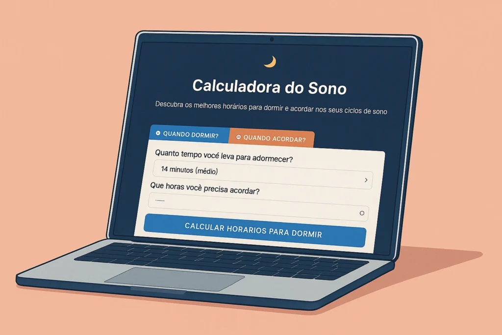 Calculadora do Sono exibida na tela de um laptop sobre um colchão, em um fundo coral suave.