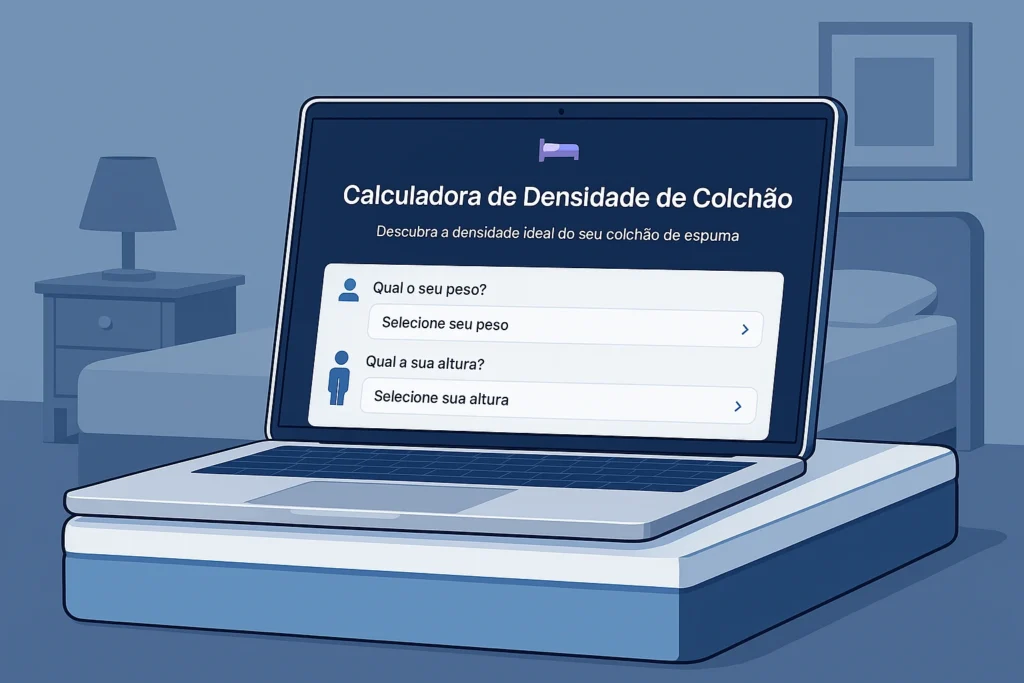 Densidade do colchão: seu guia prático (com calculadora grátis) Calculadora de densidade do colchão exibida em um laptop, para orientar o usuário na escolha da densidade ideal.