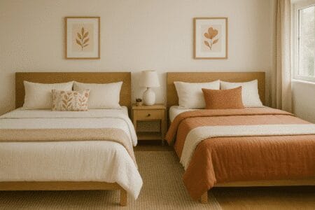 Quarto com duas camas lado a lado ilustrando a diferença entre King e Super King, com leves variações no tamanho e decoração distinta.