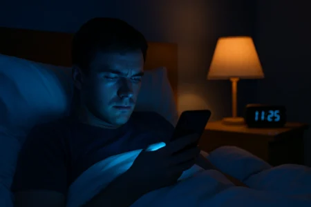 Luz azul para dormir: como ela afeta a qualidade do sono? Luz azul para dormir prejudica o sono, homem deitado na cama às 23h25 olhando o celular, rosto iluminado pelo brilho azul da tela, com abajur de luz quente ao fundo.