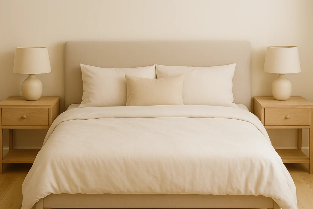 Melhor Colchão King Size de 2025: Guia Completo de Compra Este quarto minimalista destaca o melhor colchão king size estofado em bege, com roupa de cama clara, dois criados-mudos de madeira clara e abajures, tudo sobre um fundo neutro que transmite aconchego e sofisticação silenciosa.