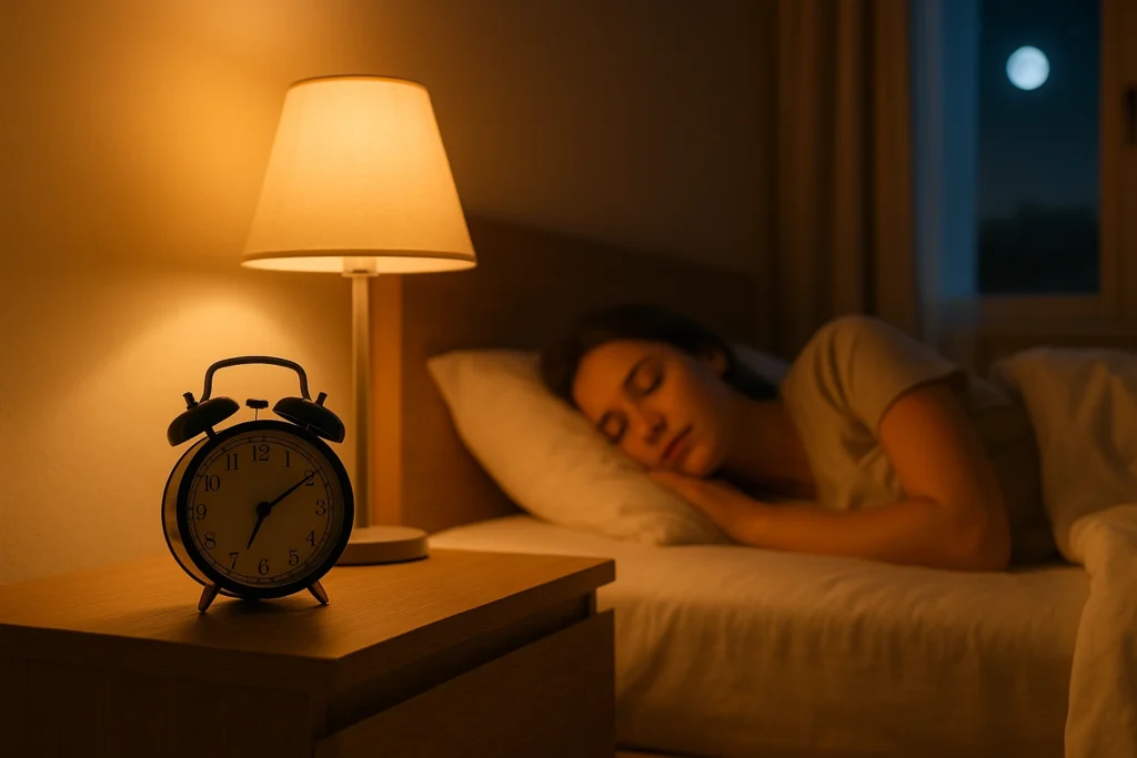 Melhor horário para dormir — relógio analógico marcando 22h30 ao lado de abajur aceso, com mulher dormindo tranquilamente ao fundo.