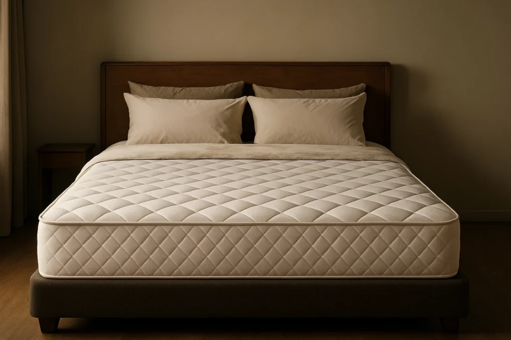 Tamanho do colchão king size um guia prático Quarto minimalista exibindo o tamanho do colchão king em um ambiente de luz suave e fundo neutro