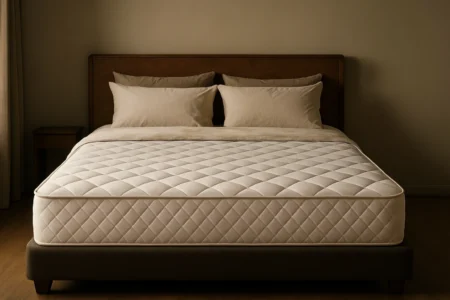 Quarto minimalista exibindo o tamanho do colchão king em um ambiente de luz suave e fundo neutro