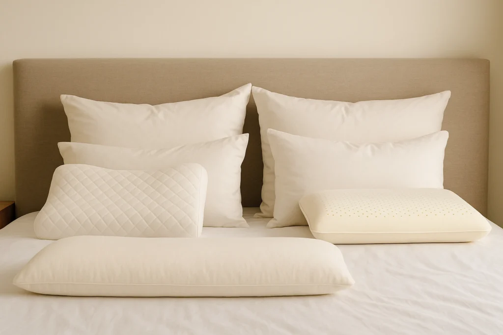 Tipos de travesseiros: descubra qual se adapta ao seu estilo de sono O ChatGPT disse: Pensou por 17 segundos Texto alternativo (alt): Cama com quatro travesseiros de formatos e materiais variados – viscoelástico contornado, látex perfurado, fibra baixa e pluma – sobre lençol branco em quarto iluminado.