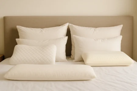 Tipos de travesseiros: descubra qual se adapta ao seu estilo de sono O ChatGPT disse: Pensou por 17 segundos Texto alternativo (alt): Cama com quatro travesseiros de formatos e materiais variados – viscoelástico contornado, látex perfurado, fibra baixa e pluma – sobre lençol branco em quarto iluminado.