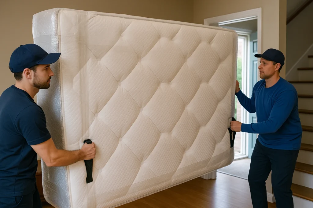 Dois homens carregam um colchão king size embalado, passando por uma porta dentro de uma casa.