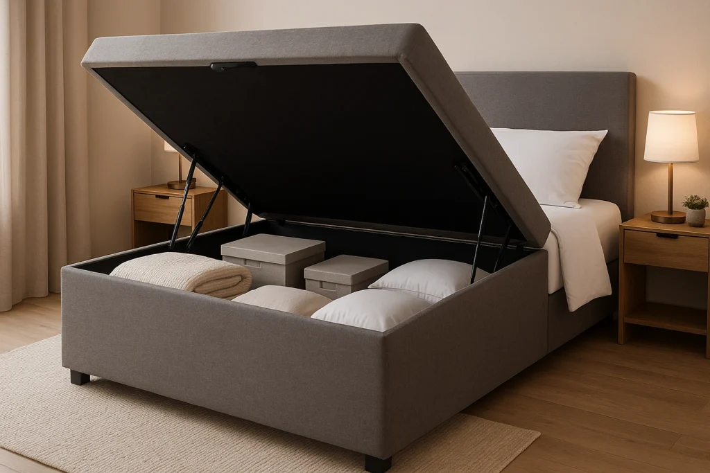 Cama Box Baú: Otimize Espaço com Conforto e Praticidade Cama box baú cinza com tampa aberta mostrando travesseiros, caixas e cobertores armazenados no compartimento interno do quarto moderno