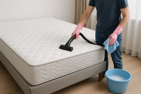 Pessoa utilizando aspirador de pó e pano úmido para limpar cama box, mantendo a higiene e evitando poeira, ácaros e odores.