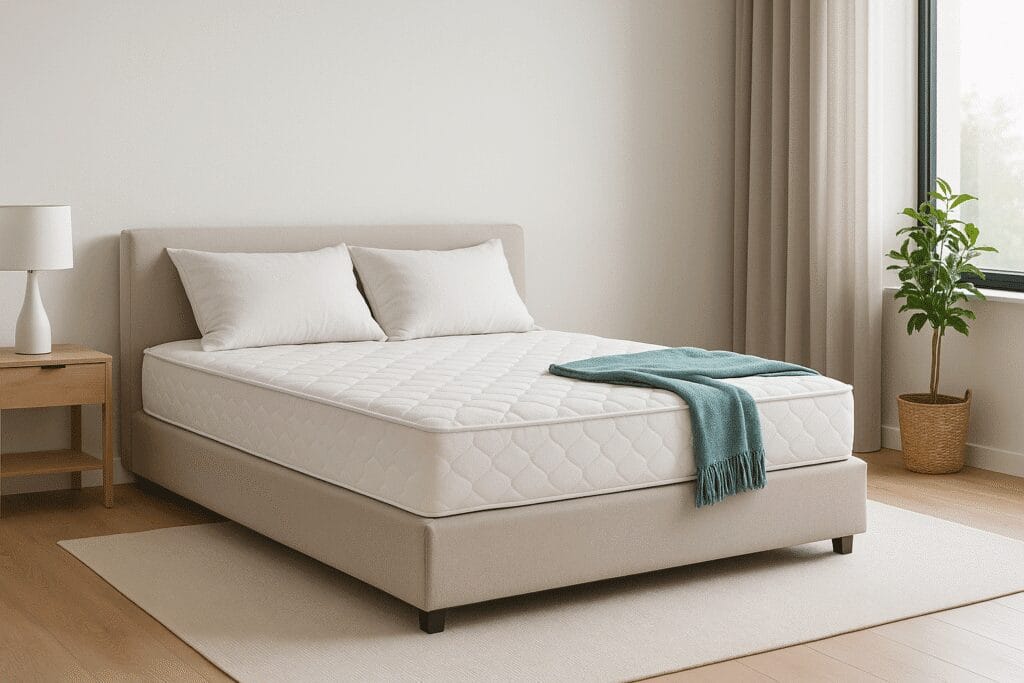 Quarto minimalista com cama box bege; composição clean para conteúdo sobre melhor cama box.