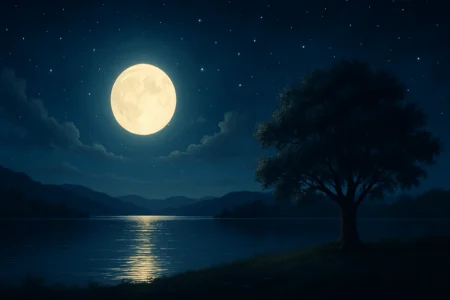 Paisagem noturna com lua cheia refletida em lago, cenário sereno que transmite paz e simboliza a oração da noite.