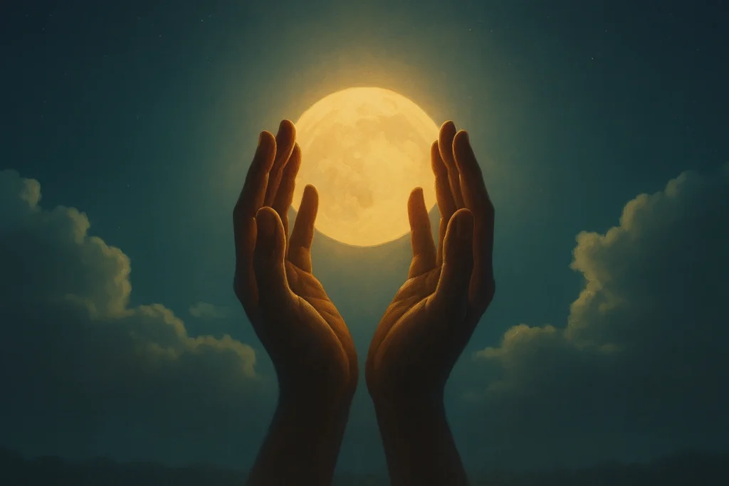 Oração para Dormir: Encontre Paz e tranquilidade Antes de Descansar Mãos em oração elevadas em direção à lua cheia no céu noturno, simbolizando paz e espiritualidade.