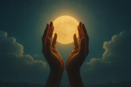 Oração para Dormir: Encontre Paz e tranquilidade Antes de Descansar Mãos em oração elevadas em direção à lua cheia no céu noturno, simbolizando paz e espiritualidade.