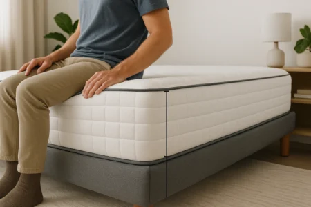 Pessoa sentada na beira da cama testando a altura ideal do colchão, mostrando conforto e praticidade no quarto.