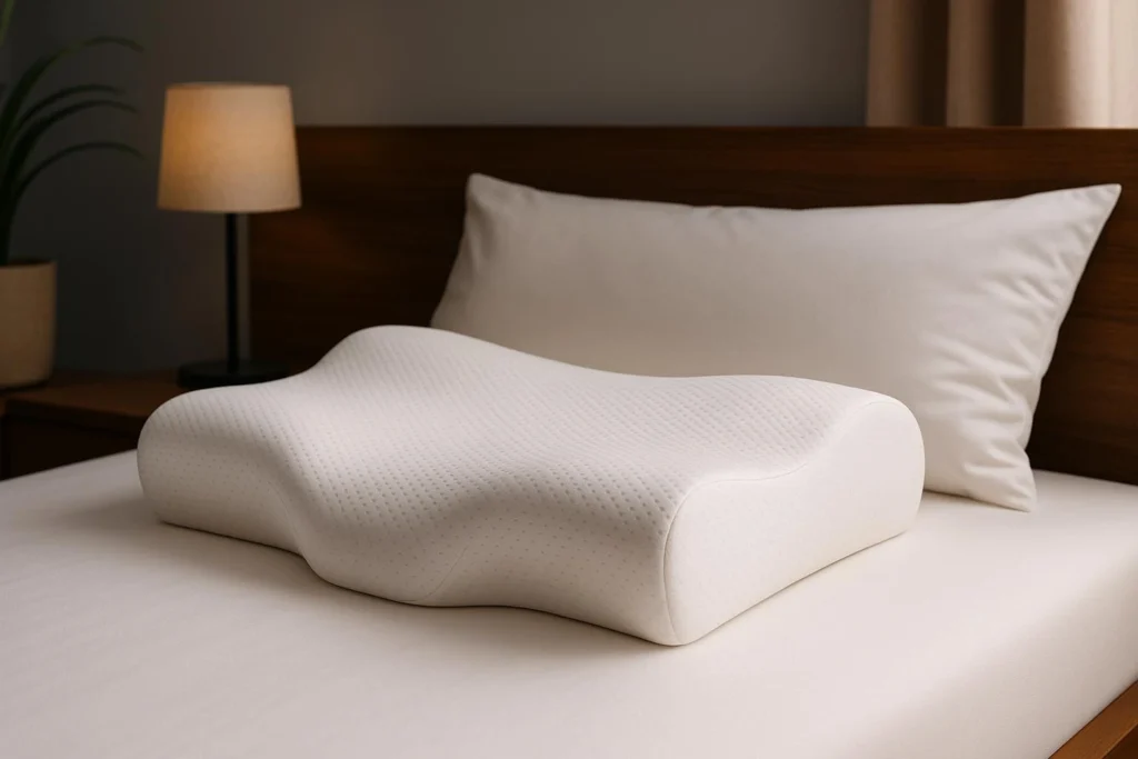 Melhor Travesseiro Cervical de 2025: Um guia dos 11 melhores Foto de um quarto minimalista com o melhor travesseiro cervical em espuma de memória sobre a cama, próximo a cabeceira de madeira e decoração neutra.