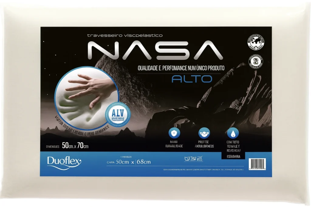 Travesseiro Duoflex Nasa Alto: Conforto e Suporte Avançado para o Seu Sono em 2025 Embalagem do travesseiro Duoflex Nasa Alto com tecnologia viscoelástica e proteção antiácaro