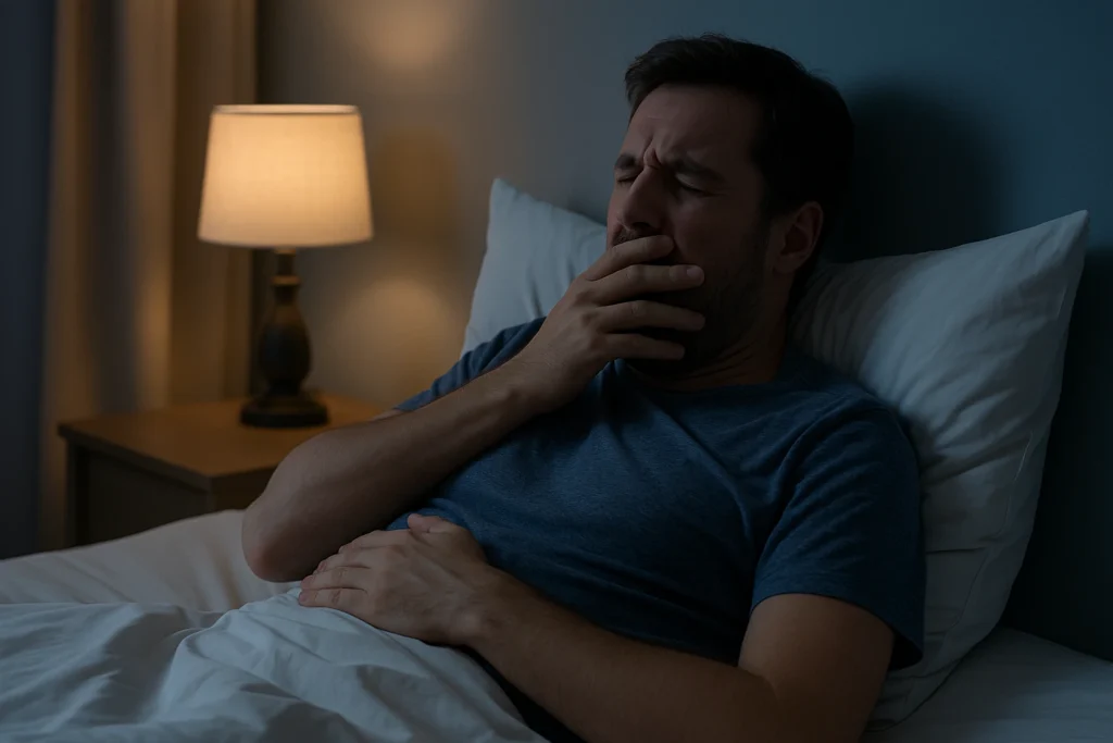 Apneia do Sono: Causas, Sintomas e Tratamentos Eficazes Homem deitado na cama bocejando com expressão de cansaço, ilustrando sintomas da apneia do sono e do sono não reparador