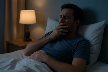 Homem deitado na cama bocejando com expressão de cansaço, ilustrando sintomas da apneia do sono e do sono não reparador