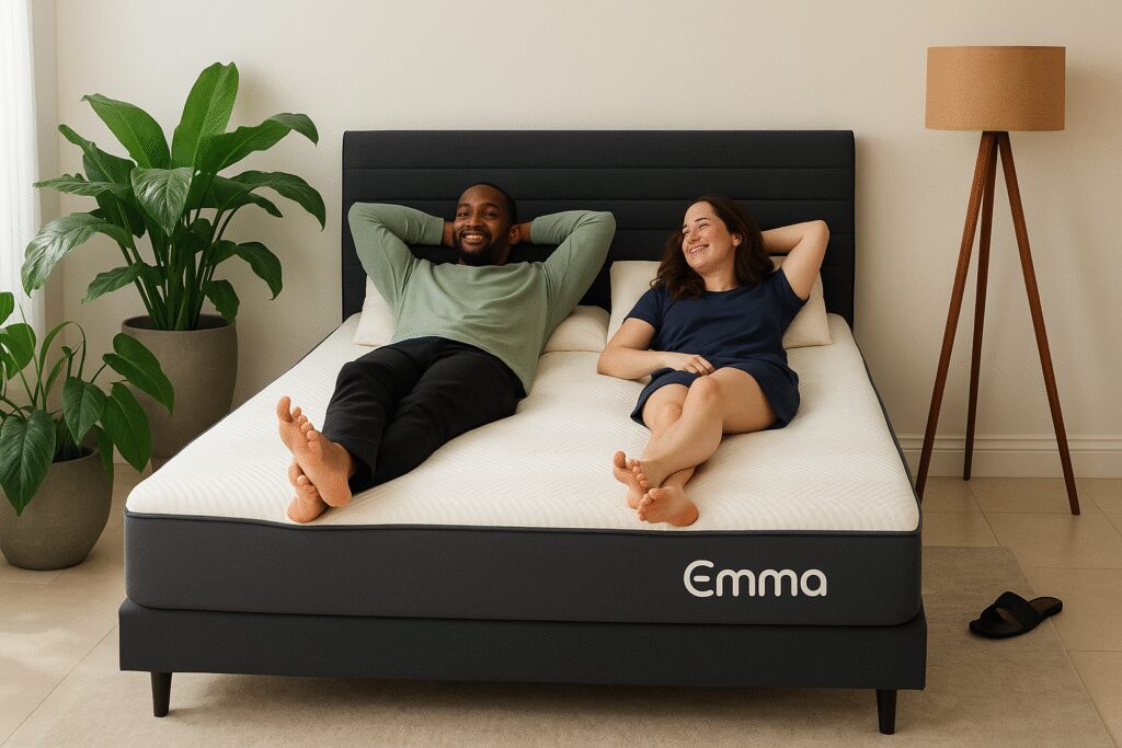 Casal deitado em colchão Emma Colchões em quarto moderno, representando conforto, suporte ergonômico e qualidade no sono