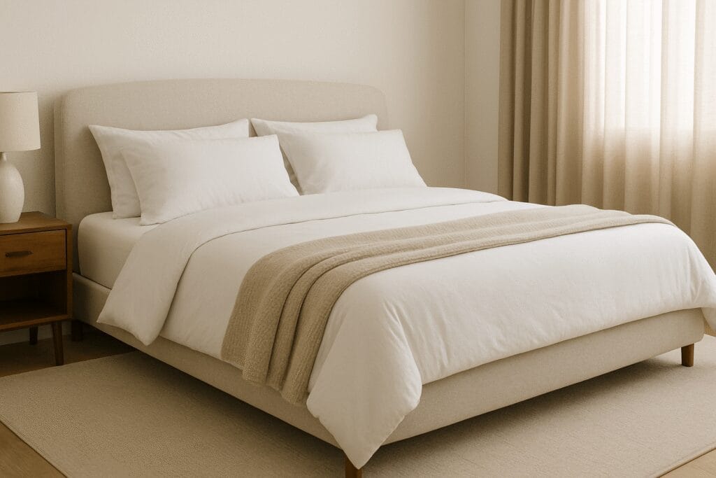 Quarto moderno com cama arrumada e colchão confortável, ilustrando a busca pelas melhores marcas de colchão para noites de sono de qualidade.