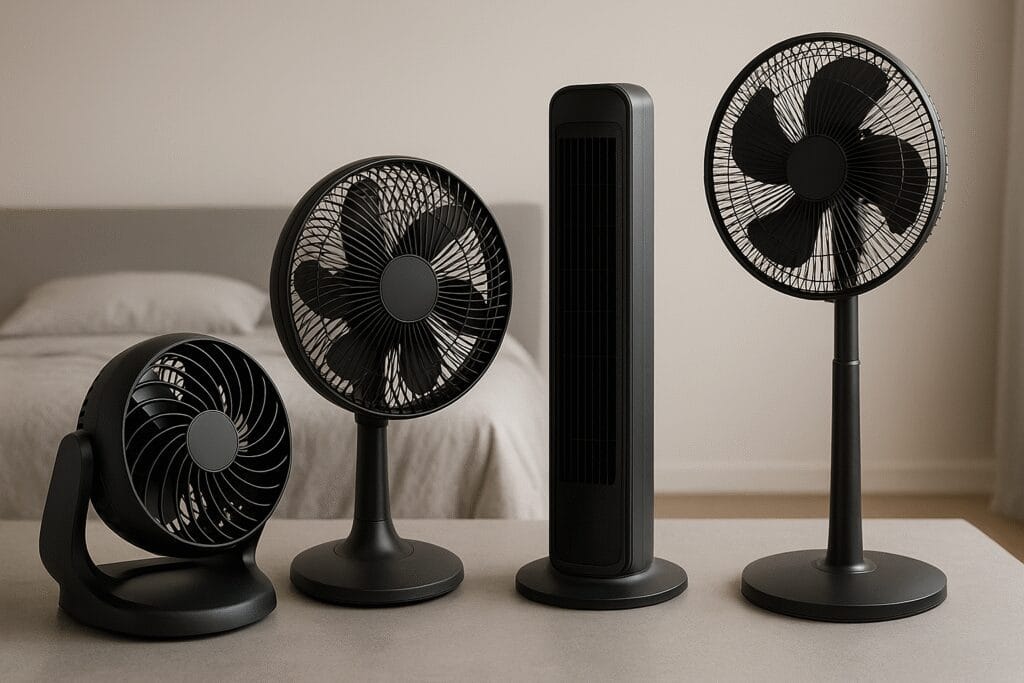 Melhor ventilador silencioso para dormir: descubra os modelos ideais para noites frescas e tranquilas Quarto moderno com diferentes modelos de ventiladores, representando os melhores ventiladores silenciosos para noites tranquilas.