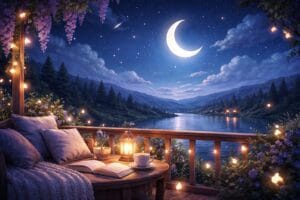 Mensagem de boa noite com lua crescente iluminando um céu estrelado, varanda aconchegante com luz suave e paisagem tranquila ao fundo