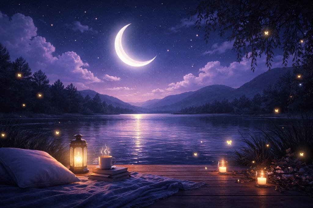 Mensagem de boa noite para acalmar a mente, com lua crescente refletida em um lago tranquilo e atmosfera noturna relaxante