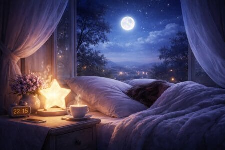 Mensagem de boa noite para dia difícil Mensagem de boa noite para acalmar a mente, com lua crescente refletida em um lago tranquilo e atmosfera noturna relaxante