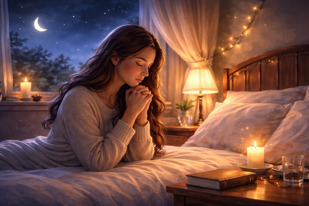oração da noite para ansiedade com mulher em oração no quarto, ambiente noturno calmo e iluminação suave