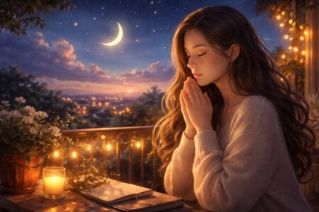 Oração da noite para gratidão Oração da noite para gratidão, com mulher em momento de oração ao entardecer, luz suave de vela e céu estrelado transmitindo paz, fé e agradecimento pelo dia vivido.