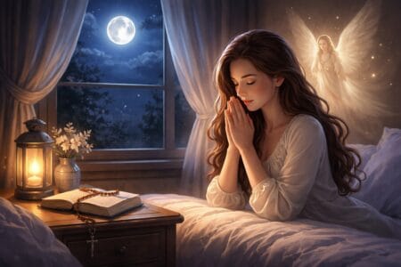 Oração da noite para proteção Oração da noite para proteção em cena noturna serena, com pessoa em oração antes de dormir, simbolizando fé, paz interior e proteção espiritual durante a noite.