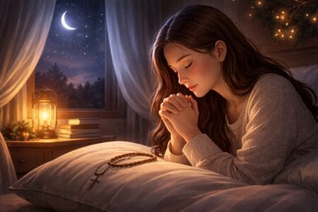 Oração da Noite para Quem Teve um Dia Difícil Oração da Noite para Quem Teve um Dia Difícil, com pessoa em oração ao lado da cama, em ambiente noturno tranquilo e acolhedor.