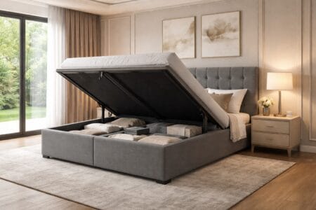 Base de cama box com colchão em quarto organizado e bem iluminado