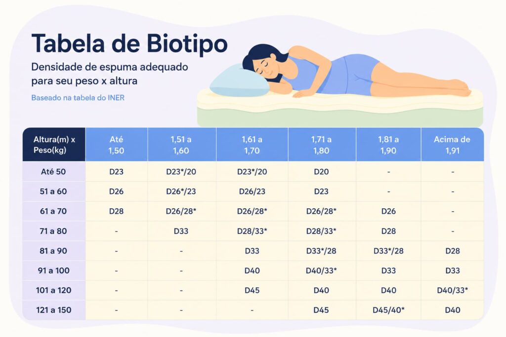 Tabela de densidade de colchão por peso e altura, indicando a densidade de espuma ideal (D20 a D45) para cada biotipo