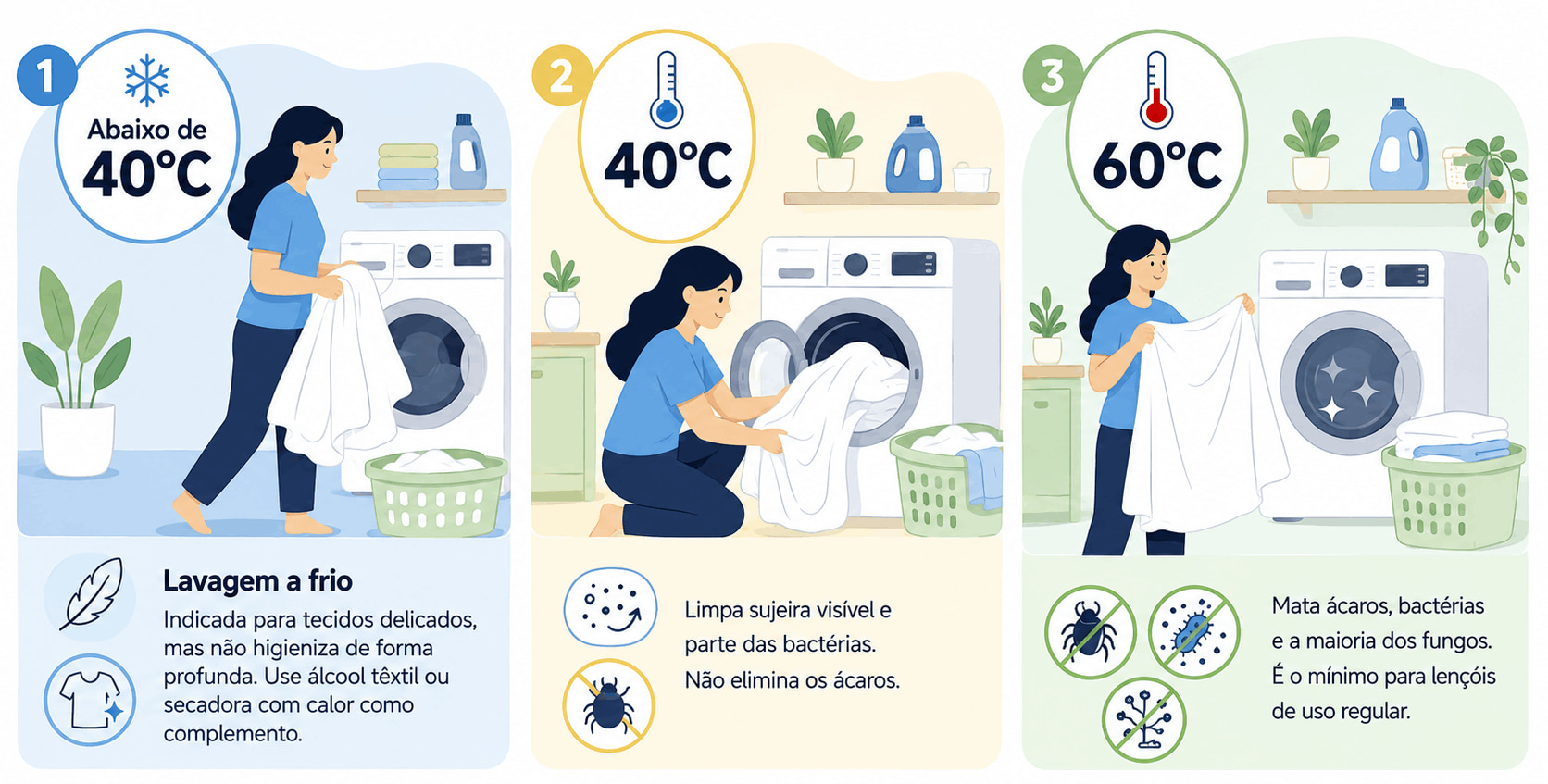 Infográfico mostrando 3 temperaturas para lavar lençóis: abaixo de 40°C (lavagem a frio, não higieniza profundamente), 40°C (limpa sujeira visível mas não elimina ácaros) e 60°C (mata ácaros, bactérias e fungos, ideal para uso regular)
